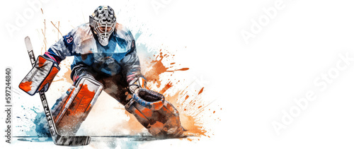 Illustration of a professional ice hockey player goalkeeper in action on white background and space for text, Generative AI