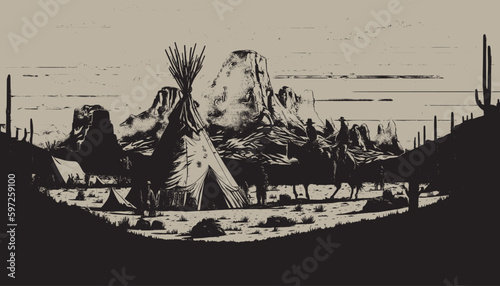 Native american western scene background. Can be used for graphic design. Wild west. Black and white. Graphic Art Vector