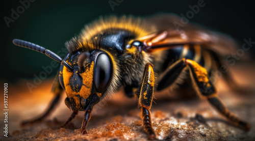 Black and Yellow Striped Bee Close-Up Seen with Vibrant Colors PNG File