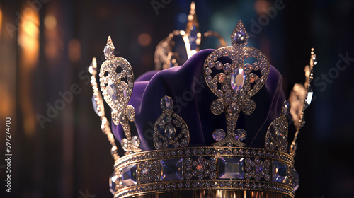 3D style render of a royal gold coronation crown with jewels and diamonds against a blue & purple background. A.I. generated.