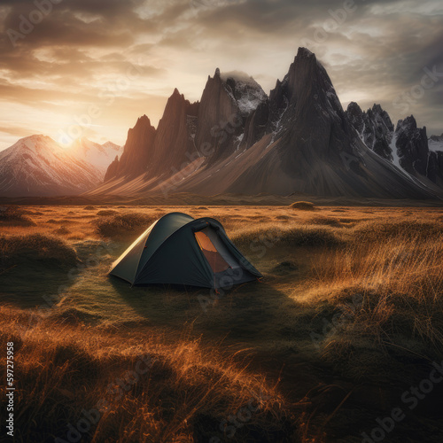 Solitary Camping Tent in front of Vestrahorn Mountains, Iceland