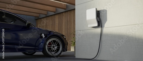 Generic electric vehicle EV hybrid car is being charged from a wallbox on a contemporary modern residential building house