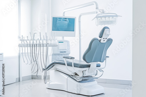 Dentists chair with x-ray picture. Empty dentists office with medical chair and x-ray. Generative AI