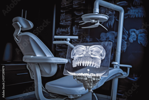 Dentists chair with x-ray picture. Empty dentists office with medical chair and x-ray. Generative AI