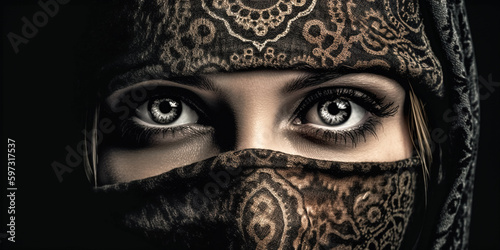Beautiful Muslim Woman face portrait. Hijab. Close up of beauty arabian woman with perfect makeup. Traditional muslim dress, hijab. digital ai art 
