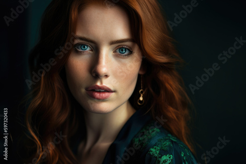 Stunning portrait of a woman with mesmerizing blue eyes and flowing auburn hair, wearing a deep green velvet dress, generative ai