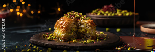 turkish baklava with sugar syrup made of fresh fresh puff pastry as wide banner with copyspace area - Generative AI
