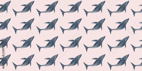 Seamless pink art background with whale pattern hand drawn in line style. Animal drawing for wallpaper, decor, interior design, packaging, print, poster, textile.