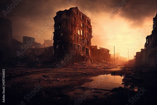 illustration post-apocalyptique d'une ville détruite après une catastrophe, vide et déserte 