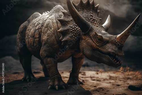 Alert triceratops standing tall. Generative AI