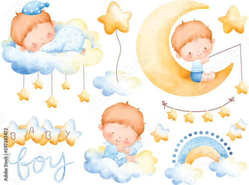 Watercolor illustration set of cute baby boy and nursery elements