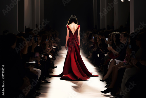 A model girl walks down the catwalk in a red dress at a fashion show.Generative AI illustration. Fashion Week.