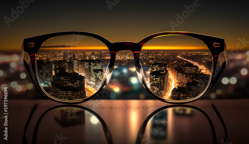 Night cityscape focused on glasses lenses. Generative AI 