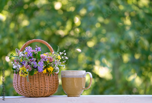 flowers bouquet in wicker basket and cup close up on table in garden, abstract natural green background. spring, summer season. rustic still life with meadow flowers. template for design. copy space