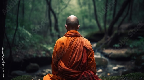 A monk doing yoga meditation in the forest Generative AI