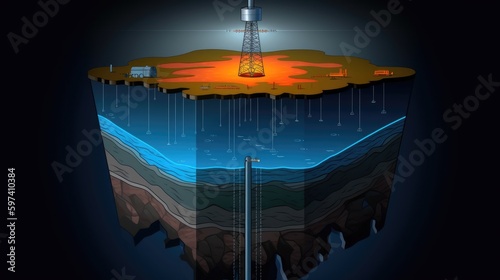 In Depth Petroleum Engineering Schematic, Elaborating Drilling Procedures, Technical Illustration, Oil Sector Blueprint, Cutting Edge Methods, Generative AI Illustration