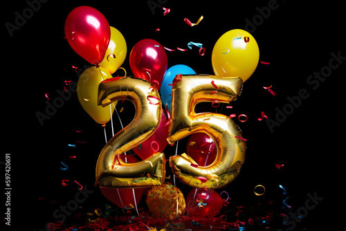 Fête anniversaire avec ballons d'hélium dorés et colorés pour célébrer les 25 ans » IA générative