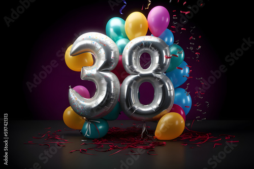 Fête anniversaire avec ballons d'hélium argentés et colorés pour célébrer les 38 ans » IA générative