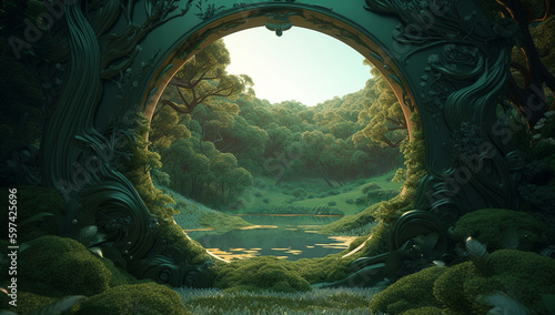 round fantastic portal in the forest, created by a neural network, Generative AI technology