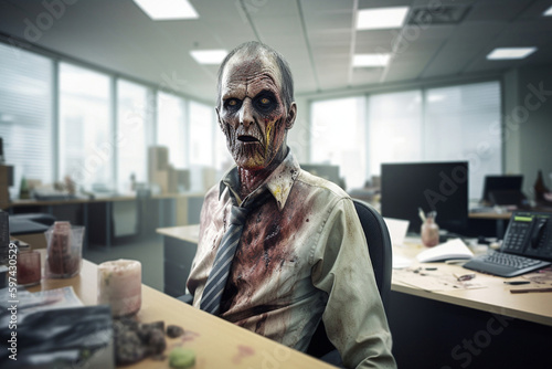 funny zombie in the office, created by a neural network, Generative AI technology