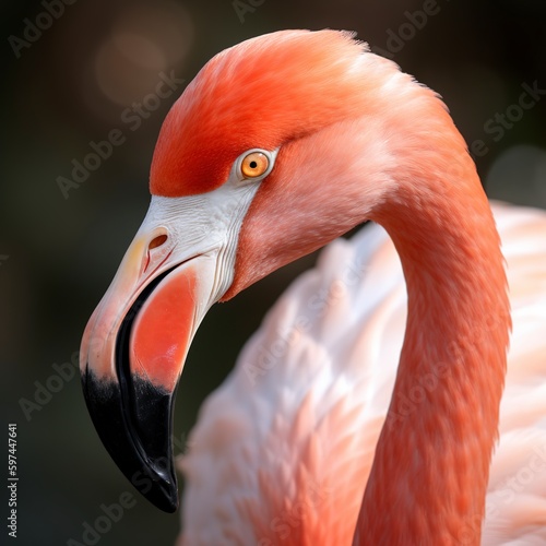 close up of a pink flamingo.