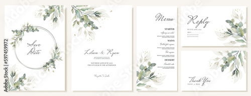 Set of rustic wedding invitations, rsvp and menu thank you cards with watercolor green leaves. Vector