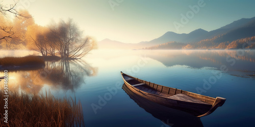 Quiet lake before dawn in the mist. Serenity. digital art