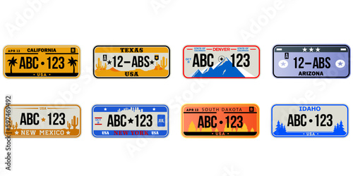 USA license plates. License plates of different states, car license plates on a white background vector eps10 graphic