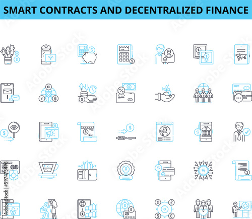 Smart contracts and decentralized finance linear icons set. Ethereum, Blockchain, Tokenization, Interoperability, Decentralization, Governance, Transparency line vector and concept signs. DApps