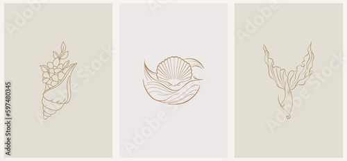 Abstract summer logo template with sun waves, seashells and mermaid tail. Modern minimal set of linear icons and emblems for social media, accommodation rental and travel services.