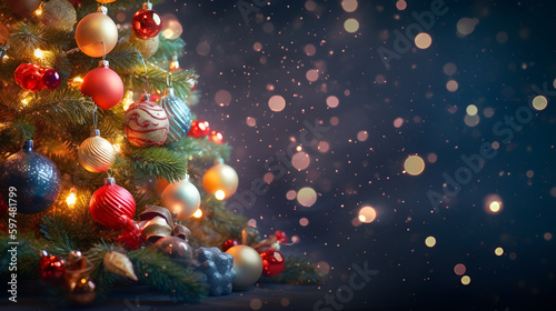 Blurred Shiny Lights and Baubles Adorning Christmas Tree with Bokeh Effect. created with Generative AI