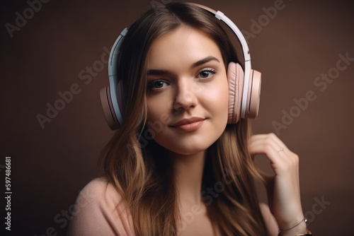 Portrait of a happy young beautiful woman with headphones Generative AI