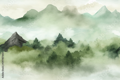 Green mountain range watercolor painting 