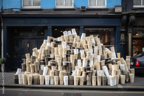 A huge pile of disposable coffee cups in front of a cafe created with generative AI technology.