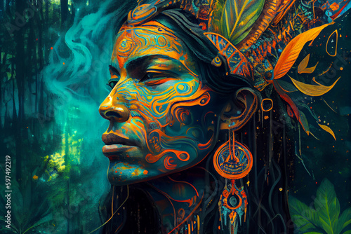 Image of shaman before preparing psychedelic hallucinogenic ayahuasca, concept of spiritual practice in amazon jungle.