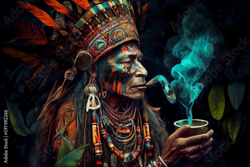 Image of shaman before preparing psychedelic hallucinogenic ayahuasca, concept of spiritual practice in amazon jungle.