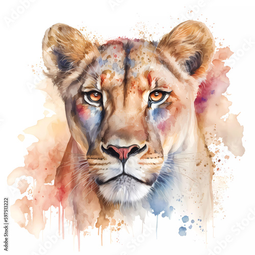 Watercolor pink brown lioness portrait painting. Realistic wild animal illustration on white background. Created with Generative AI technology.