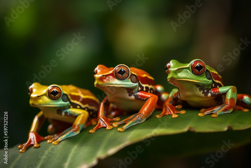 Front view of Javan tree frogs marching through the leaves. Ai generative