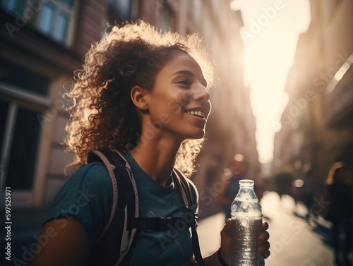 Glückliche Sportlerin trinkt Wasser in der Stadt, generative AI.