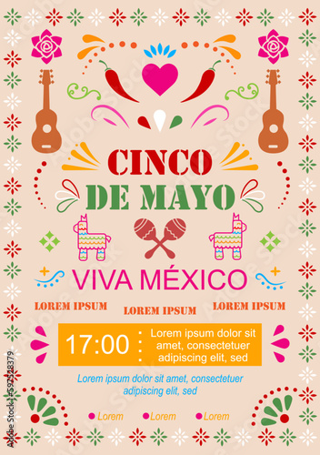 Cartel del 5 de mayo festividad de México, con elementos representativos mexicanos 