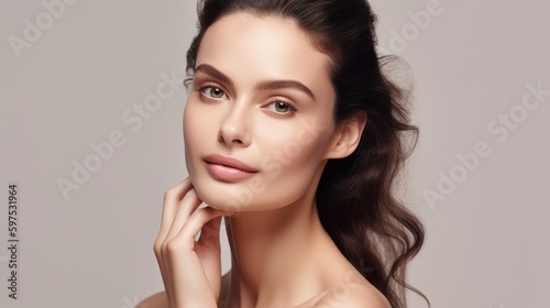 Portrait of beautiful woman. Happy model touching face after facial laser aesthetics, chemical peel and clean dermatology