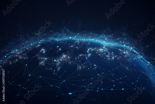Big data network on wireframe globe. Global connectivity and internet telecommunication technology. Planet Earth map. Generative Ai.
