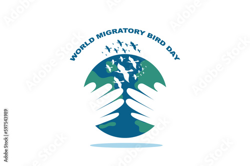 World Migratory Bird Day.May 8th. Map of the world with the migration routes of birds in light tone on earth background, with text of world migratory bird day