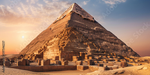 An ancient, grand pyramid, with intricate carvings and imposing presence, illuminated by the warm light of a sunrise Generative Ai Digital Illustration