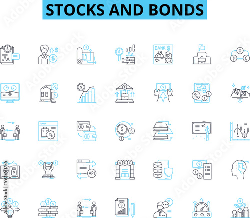Stocks and bonds linear icons set. Asset, Dividend, Portfolio, Securities, Yield, Trading, Investment line vector and concept signs. Equity,Buy,Sell outline illustrations Generative AI