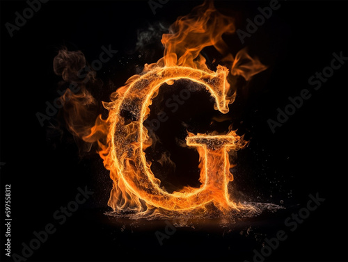 Brennender Buchstabe G auf schwarzem Hintergrund, KI generiert