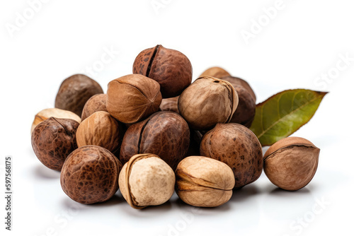 Handful Hickory Nuts On White Background. Generative AI