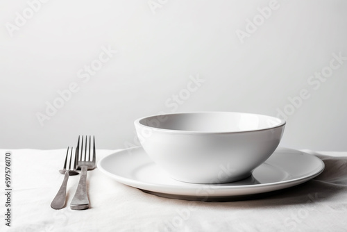 Configuração de mesa mínima com prato em branco, espaço para texto