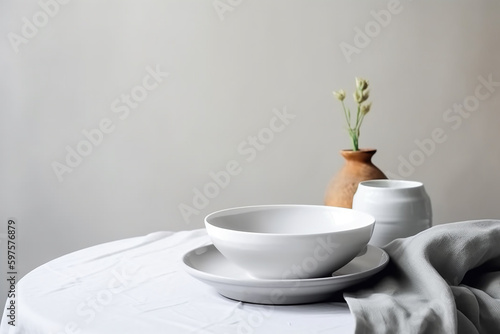 Configuração de mesa mínima com prato em branco, espaço para texto