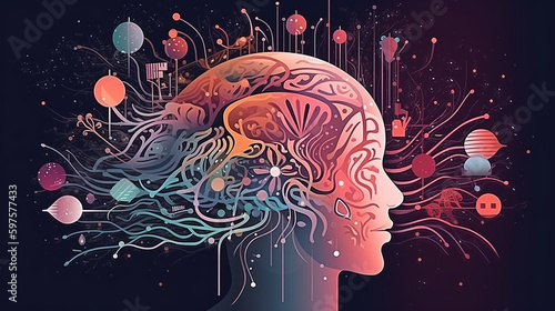 Psicologia, sonho, ilustração do conceito de saúde mental. Cérebro, neurociência e cartaz de mente criativa, capa
